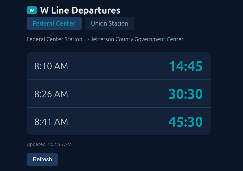 Screenshot of RTD W Line Departures