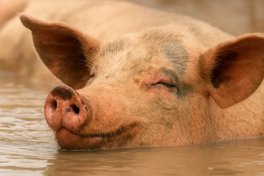 Happy pig lying in mud