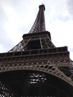 Looking straight up at the Eiffel Tower