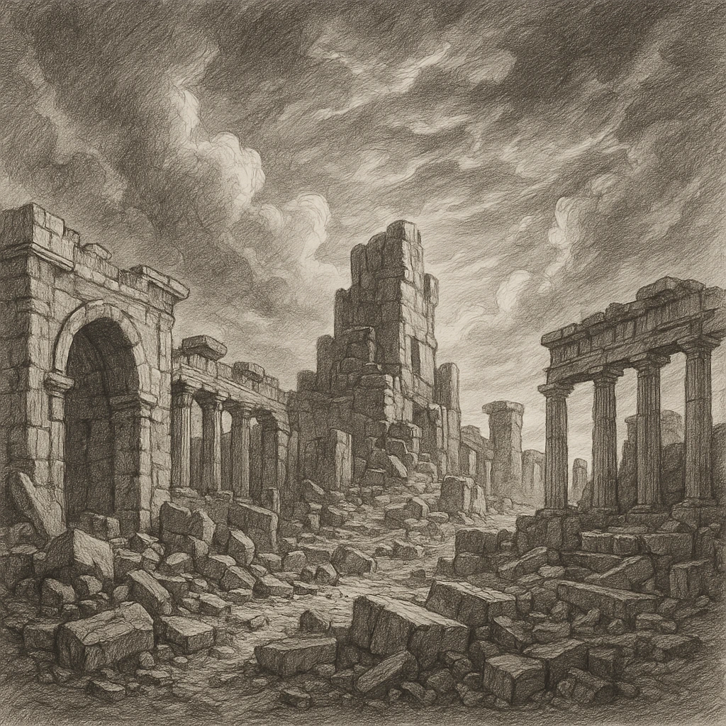 Ancient stone ruins of a collapsed civilization against a dramatic sky, symbolizing the cyclical nature of societal rise and fall throughout human history