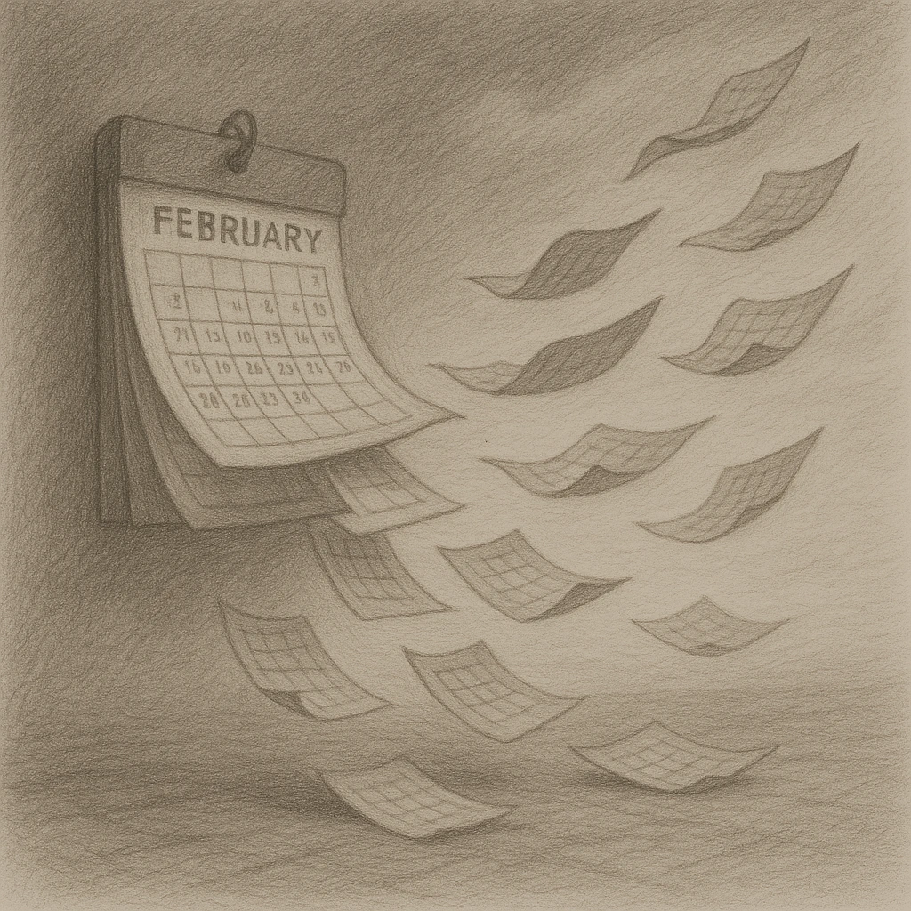 A calendar with pages blowing away in the wind, symbolizing how days turn into months and years when we keep pushing our dreams to tomorrow