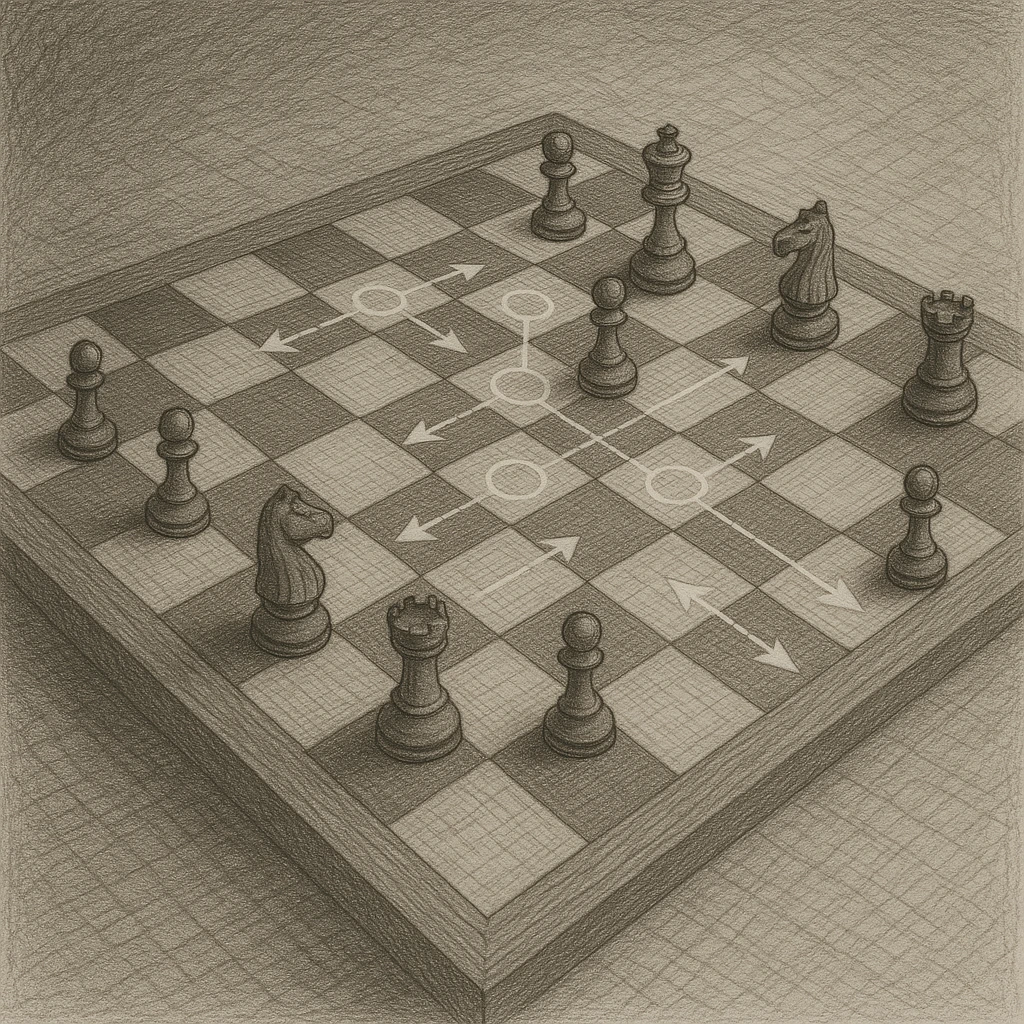 A chess board with multiple possible moves highlighted, representing the strategic approach to decision-making where multiple options are explored rather than seeking one perfect move