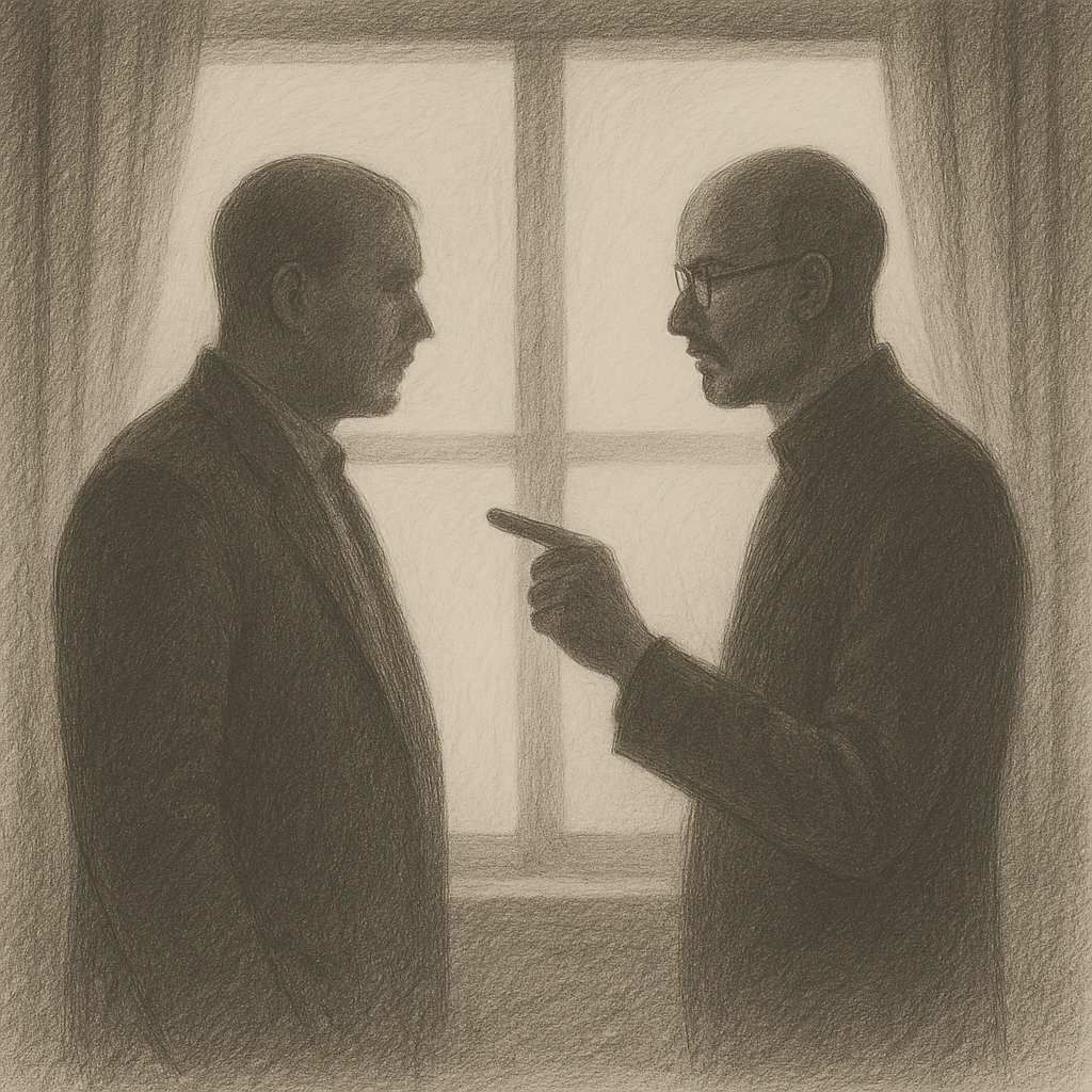 Silhouettes of two business professionals in intense discussion against a bright window, representing difficult leadership conversations and honest feedback