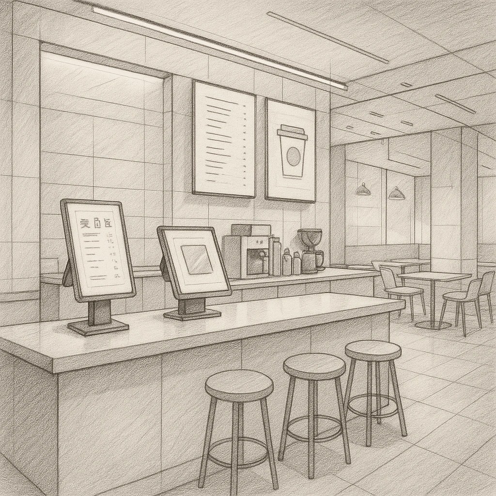 Modern coffee shop interior showing digital ordering screens and minimalist design representing the tech-forward approach of Chinese coffee chains entering the American market
