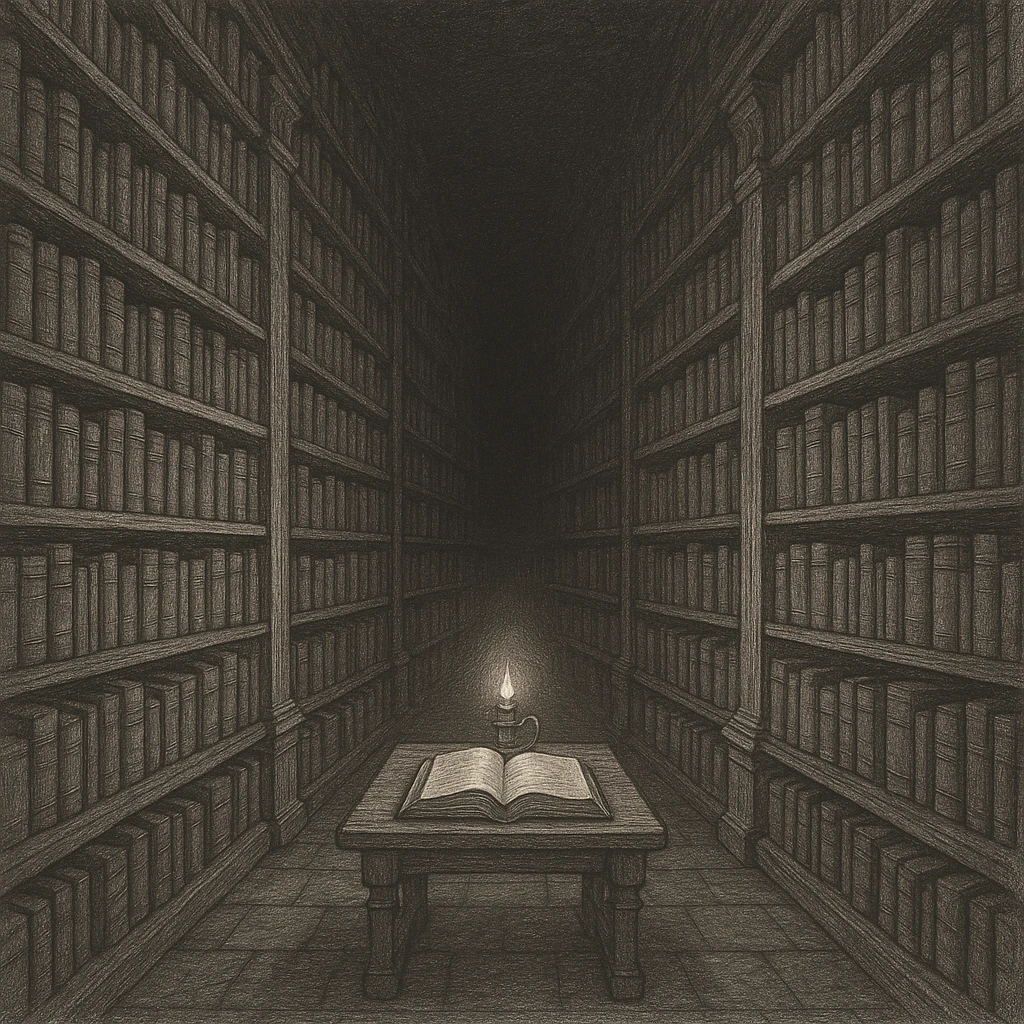 Ancient library with countless books stretching into darkness, representing the overwhelming nature of information accumulation versus the focused light of wisdom and understanding